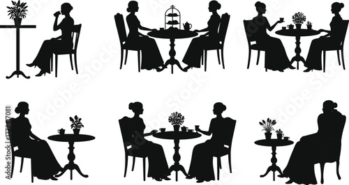 Women silhouette scenes at tables with tea, flowers, books and conversation for lifestyle, leisure, friendship and relationship vector design