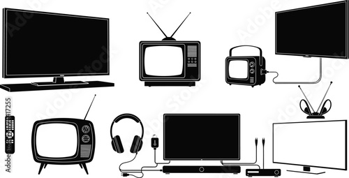 Retro and modern television vector set, flat screen, vintage TV with antennas, remote control, headphones, electronic media device illustration collection
