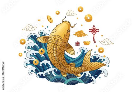 Golden Koi Fish Leaping from Waves with Coins and Clouds.