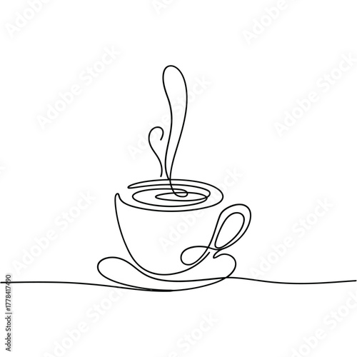 Minimalist single line drawing of a steaming coffee cup