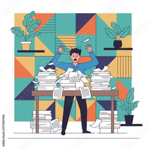 Stressed office worker overwhelmed by huge piles of documents illustrating burnout and excessive workload
