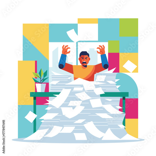 Overwhelmed employee buried under massive paperwork pile illustrating stress and heavy workload