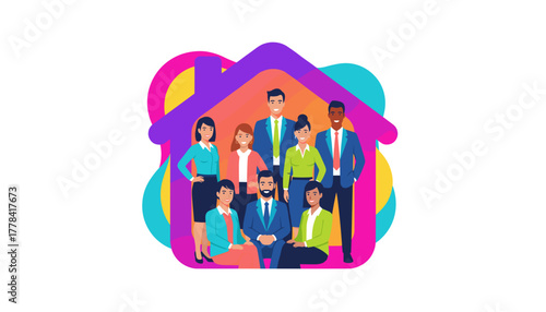 Professional team together in a house shape symbolizing corporate family unity and housing services