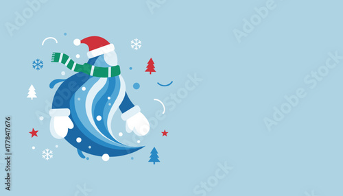 Stylized winter figure wearing Santa hat and scarf Christmas design template with copy space