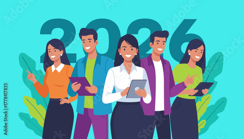 Diverse business professionals using technology for strategic planning in 2026