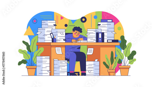 Overwhelmed employee buried under piles of paper representing stress deadline pressure and high workload