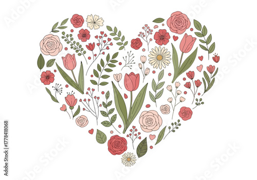 Heart-shaped floral arrangement with tulips, roses, and greenery.