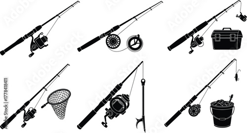 Silhouette fishing rods with reels nets tackle box bucket fish gripper fly reel accessories vector illustration set for anglers equipment