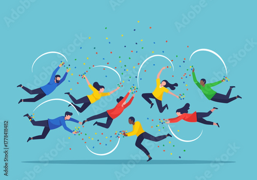 Joyful diverse team celebrating achievement and victory with confetti.