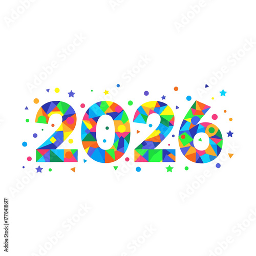 Colorful and festive 2026 numbers with confetti and stars, celebrating the upcoming new year with vibrant geometric patterns