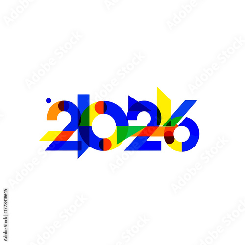 Abstract geometric typography for the year 2026. A colorful and vibrant new year number symbol with overlapping elements
