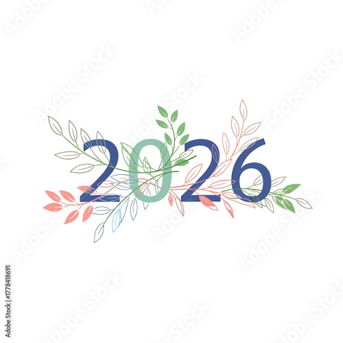 2026 year celebration with floral elements and leaves illustrations