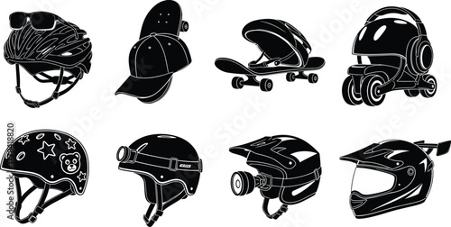 Silhouette helmets with skateboard scooter motocross cycling children safety gear action camera sports head protection vector illustration set collection design