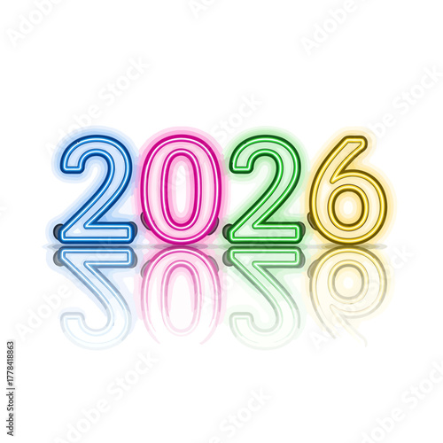 Vibrant Neon Numerals Announce the Year 2026 with a Reflective Glow