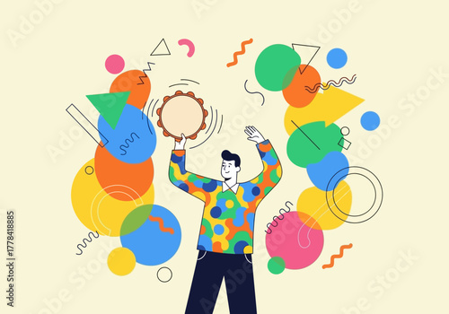 Man Juggling Colorful Percussion Instruments and Abstract Shapes.
