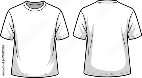 Basic T-Shirt Fashion CAD Flat Sketch Vector Template Top View Drawing