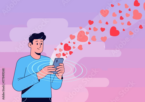 Man using smartphone with hearts representing social media love.
