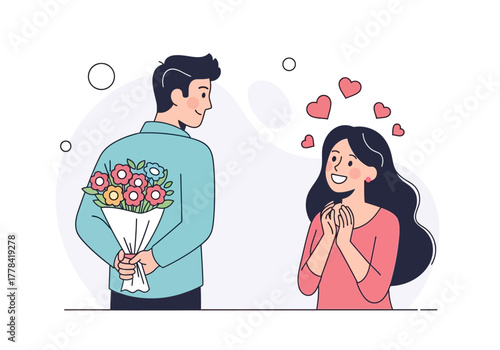 Man surprises woman with flowers expressing love and affection.