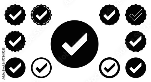 Collection of black check mark icons in varying circular designs shown