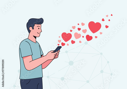Man using smartphone sending hearts representing love and affection.
