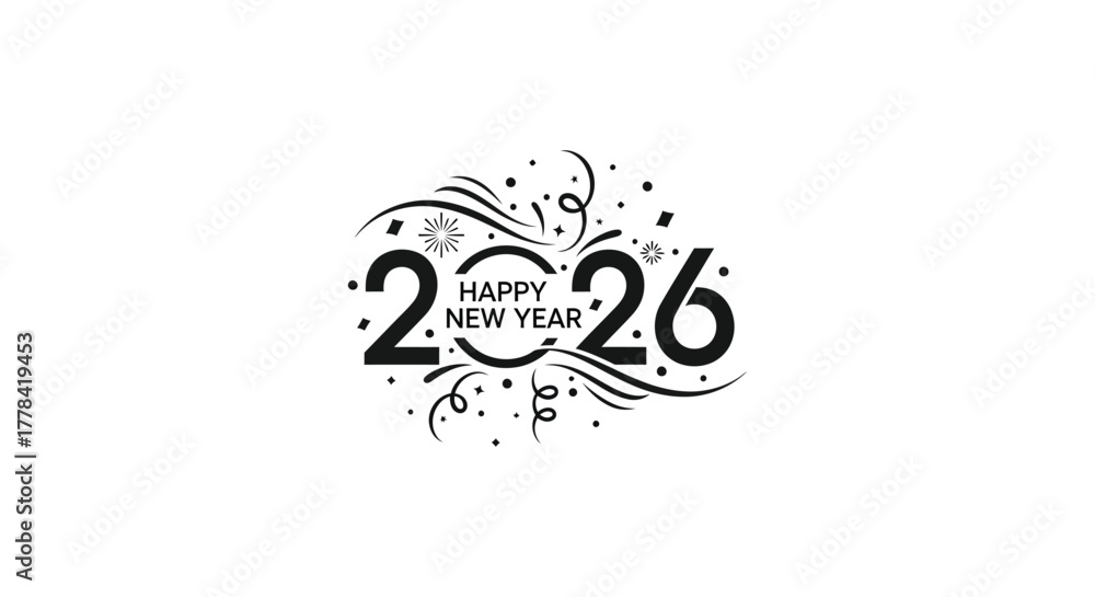 Fototapeta premium Happy new year 2026 text with abstract festive decorative elements and confetti