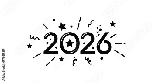 Hand drawn doodle style 2026 with stars confetti and celebration elements on white background