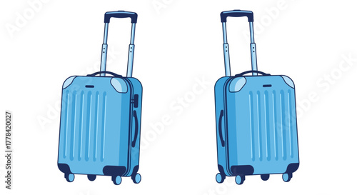 Two light blue suitcases with wheels are presented in a simple sketch