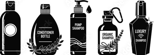 Black and white vector illustration set of shampoo and conditioner bottles with organic, luxury, pump dispenser, cosmetic packaging design elements