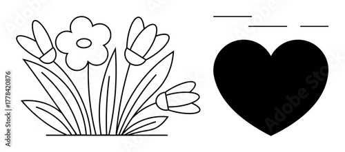 Black heart with minimalist dashes paired with outlined daisies and tulips. Ideal for love, emotions, nature, connection, simplicity, spring, well-being. Clean and simple flat metaphor