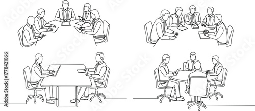 Business meeting line art, office teamwork discussion sketch, corporate collaboration illustration, boardroom strategy planning drawing, leadership concept artwork