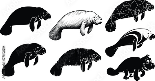 Black silhouette and artistic vector illustration of manatee in multiple styles including sketch, geometric, cartoon, textured, abstract, playful design