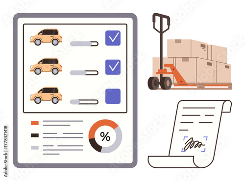 Document showing vehicle checklist, pallet with boxes, data visualization, and signed invoice. Ideal for logistics, delivery, warehousing, shipping, inventory supply chain simple flat metaphor