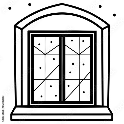 A gothic window with a view of a snowy night