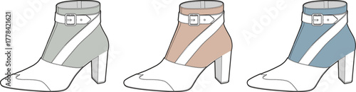 Collection of women's fashion ankle boot designs with a block heel and buckle strap, presented in three color variations as a technical flat sketch