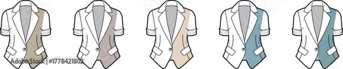 Fashion design technical sketch collection of a stylish short sleeve blazer with a vest insert, showcasing a variety of color concepts and apparel options