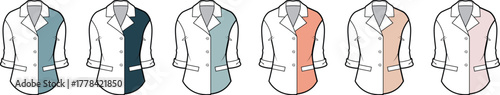 Collection of healthcare professional uniforms, white lab coats with blue, orange, and pink accents for personalization
