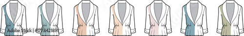 A collection of women's blazer fashion flat technical sketches. Set of jacket design templates shown in multiple colorways for apparel manufacturing
