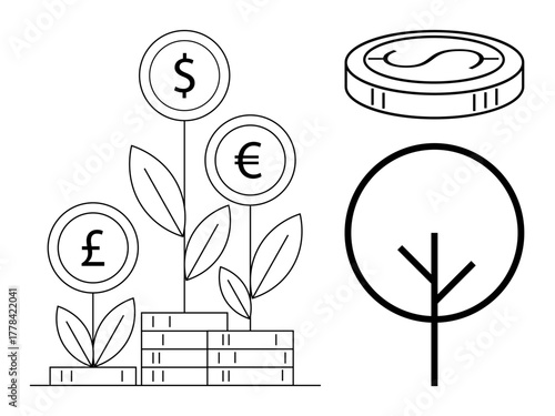 Growing plants with currency symbols, a stacked coin, and a minimalist tree outline. Ideal for finance, investment, savings, budget planning, economic growth, wealth management and sustainability