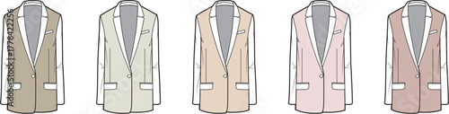 Collection of classic single-breasted men's blazers in a neutral and pastel color palette, a vector fashion illustration set
