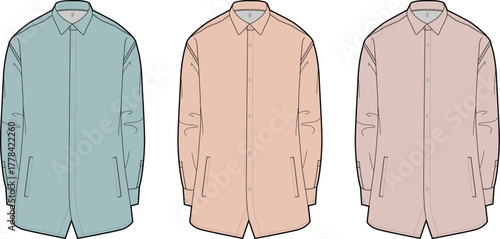 Fashion design vector illustration of a longline button-up shirt in three colorways. Technical flat sketch for clothing manufacturing and apparel mockups