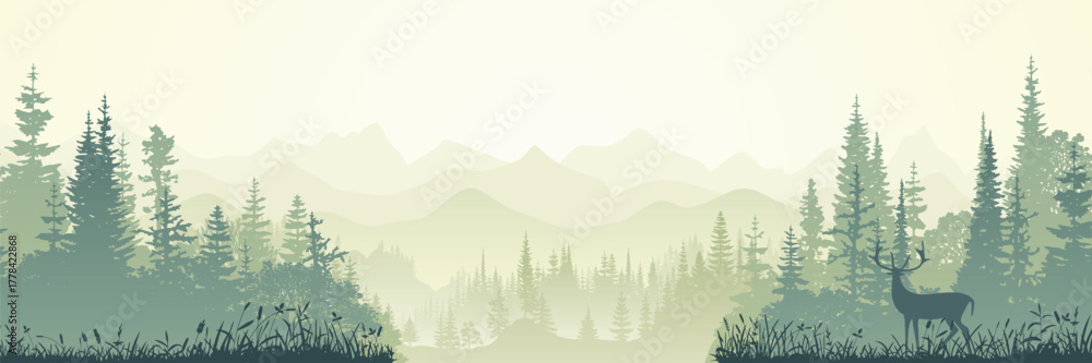 Fototapeta premium Mountain landscape in the morning haze, deer in the wild forest, misty silhouettes, vector illustration, panoramic view