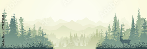 Mountain landscape in the morning haze, deer in the wild forest, misty silhouettes, vector illustration, panoramic view