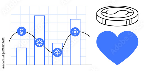 Bar chart with seasonal icons, coin, and heart. Ideal for economics, seasonal trends, business growth, financial planning, emotional factors, data visualization simple flat metaphor
