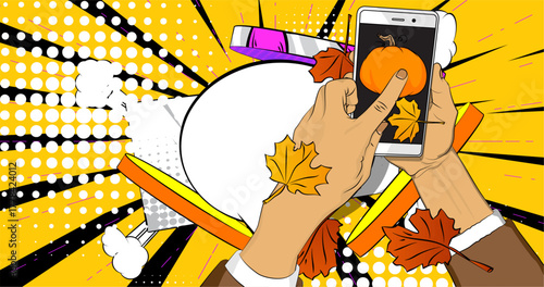 Cartoon Smartphone, comic book Telephone with Thanksgiving pumpkin and Autumn leaves. Retro vector comics pop art design.