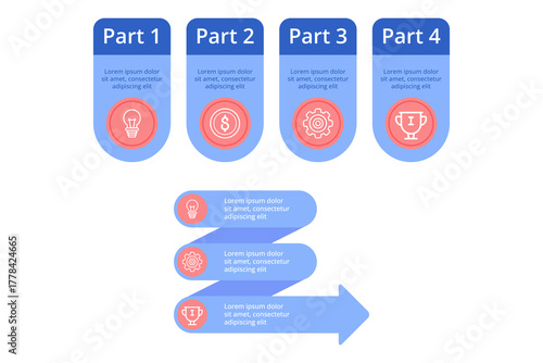 Infographic displaying structured set of four parts, each marked by icons and short text. Sections covering topics such as finance, tools, and achievements
