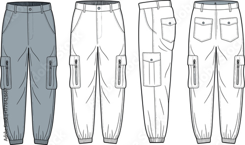 Cargo jogger pants flat sketch, technical drawing, front and back view, vector fashion template, streetwear design illustration