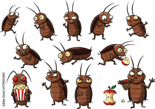 Cartoon cockroach characters, funny insect expressions, pest bug illustration, humorous roach mascot, vector drawing, comical creepy crawlers, emotional poses, isolated