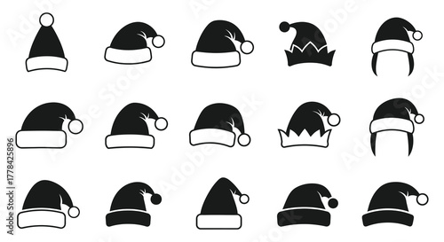 Collection of black and white silhouette christmas santa hats and elf hats for holiday design