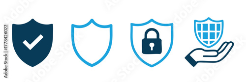 Security and Protection Icons Set, Cyber Security Shield and Protection Icons, Vector Icons for Safety, Checkmark, and Padlock on Shields, vector, illustration.