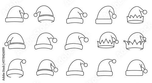 Collection of hand drawn festive santa claus hats and caps for christmas and winter holidays